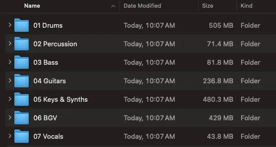 MIXPrep's organized output folders: 01 Drums, 02 Percussion, 03 Bass, and more