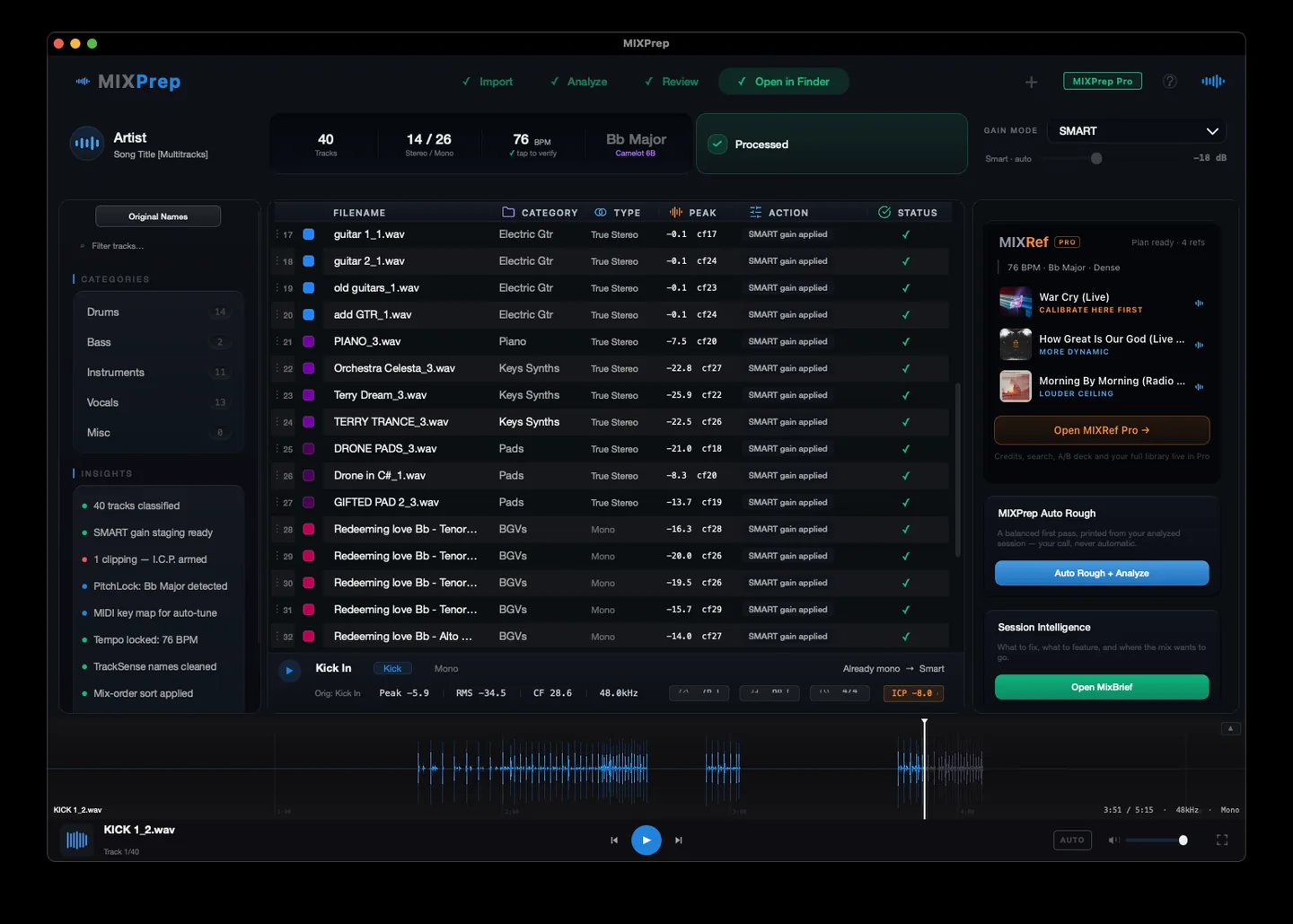 Raw DAW filenames before MIXPrep TrackSense
