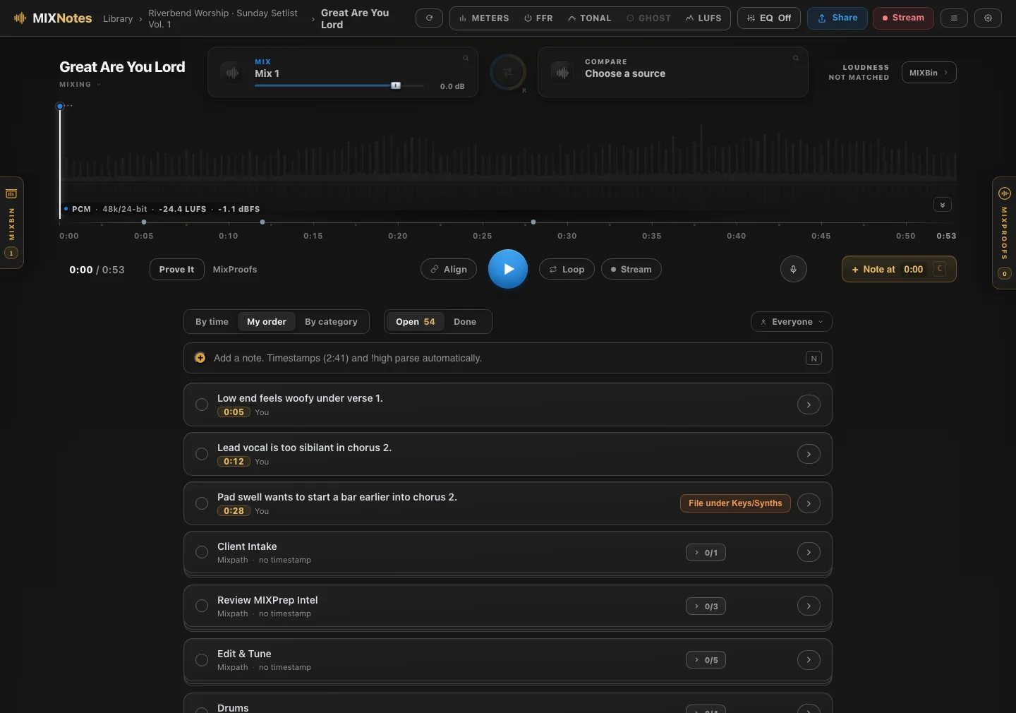 MIXNotes: timestamped notes with the MixPath checklist seeded as phases