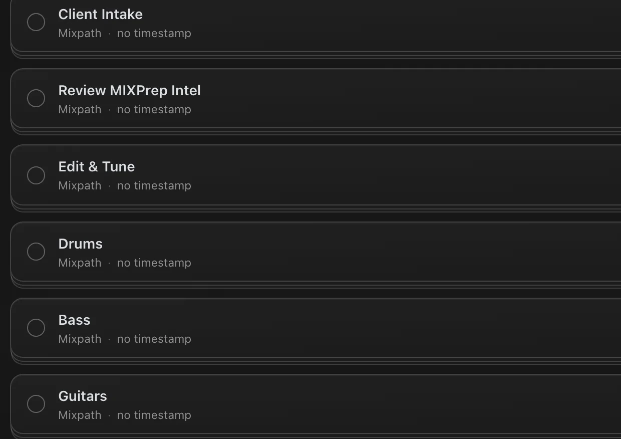 MixPath phases seeded into a session: Client Intake, Review MIXPrep Intel, Edit and Tune, Drums, Bass, Guitars