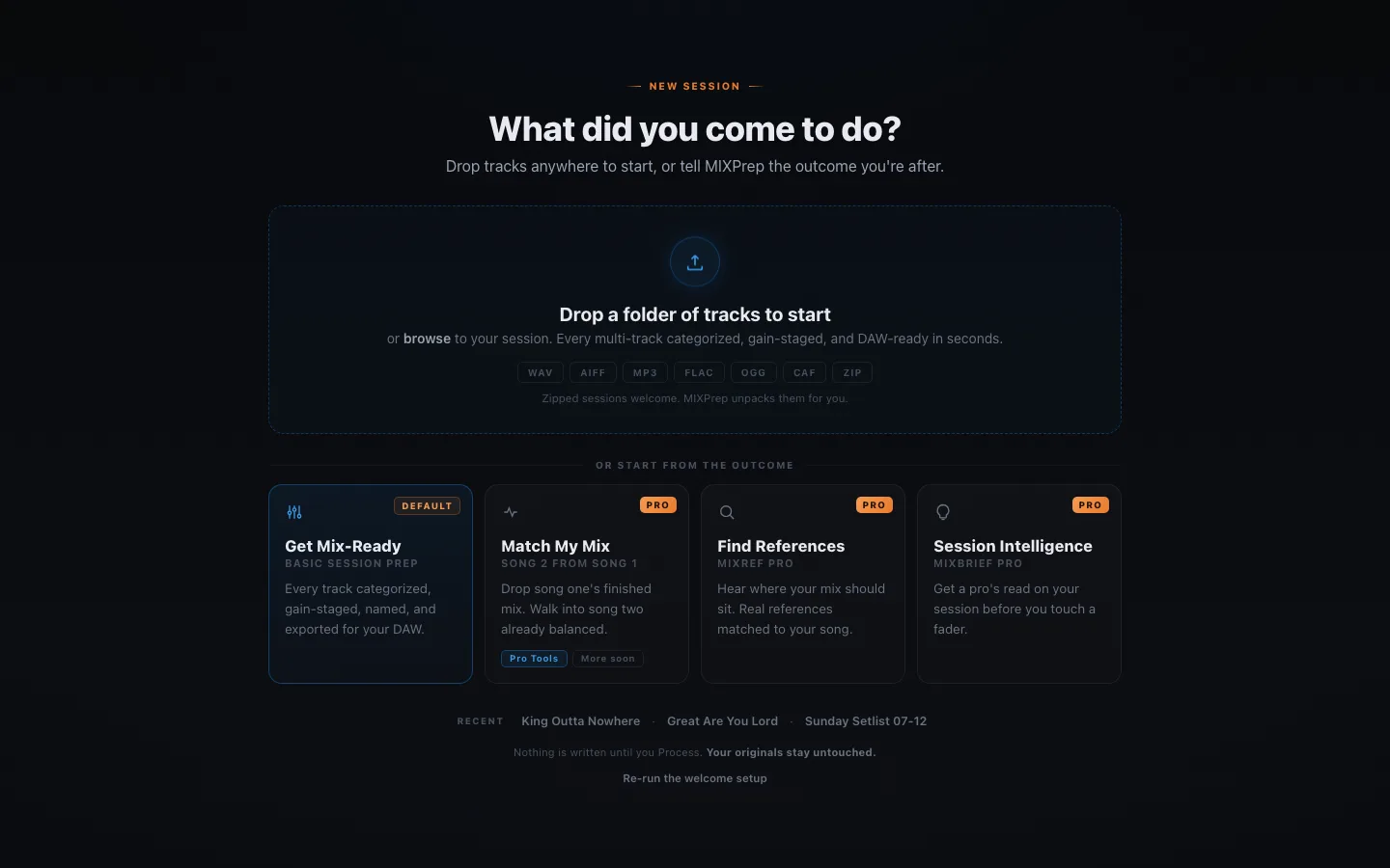 MIXPrep home: drop a folder of multitracks and the prep engine takes over