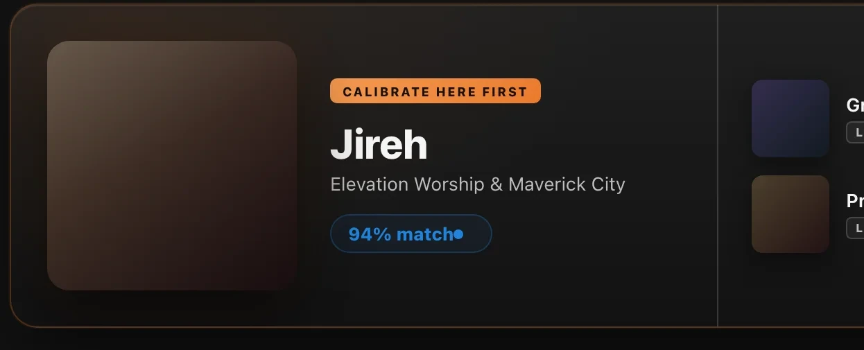 Calibrate here first: Jireh, Elevation Worship and Maverick City, 94 percent match, with low-end anchor and louder ceiling picks