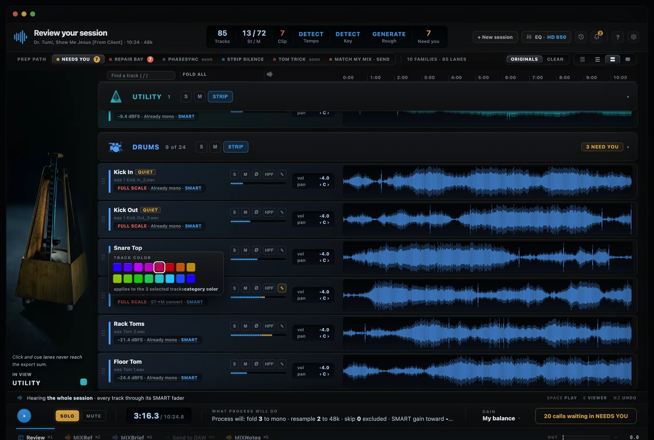 MIXPrep Studio: the Review page as a DAW, every track on its own lane